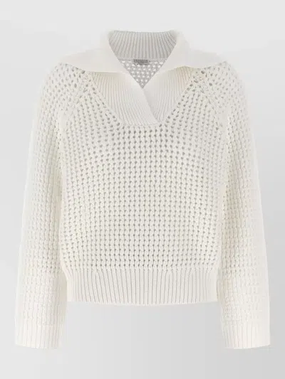 Brunello Cucinelli Openwork Sweater Long Sleeves Textured Knit In White