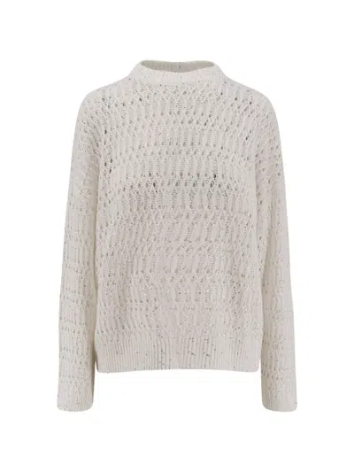 Brunello Cucinelli Linen Crochet Crewneck Sweater With Loose Fit And Sequins In Neutral