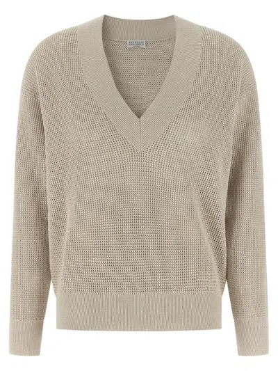 Brunello Cucinelli Openwork Cotton Blend Sweater In Neutral