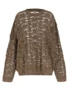 Brunello Cucinelli Dazzling Brown Round Neck Sweater With Open Stitch And Beaded Decorations In Linen Blend Woman