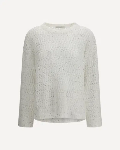 Brunello Cucinelli Openwork Silk With All-over Sequins Sweater In White