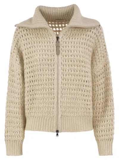 BRUNELLO CUCINELLI BRUNELLO CUCINELLI OPENWORK WOOL, CASHMERE AND MOHAIR ZIP CARDIGAN