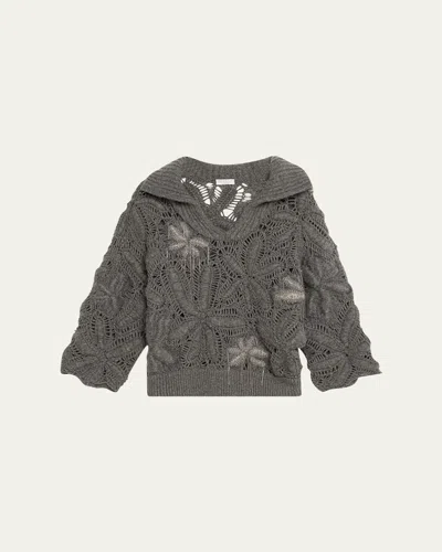 Brunello Cucinelli Opera Cashmere Floral Crochet Embroidered Knit Sweater In C079 Lead