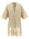 Brunello Cucinelli 'macramé Crochet' Short Sleeve Cardigan With Fringe In Sand