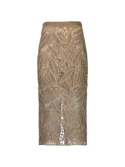 Brunello Cucinelli Opera-embroidered Pencil Midi Skirt In Brown