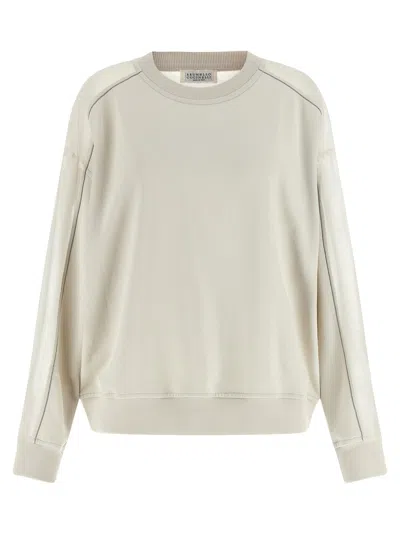 Brunello Cucinelli Organza And Monile Embroidery Sweatshirt In Neutral