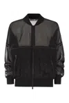 Brunello Cucinelli Black Organza Shiny Trims Bomber Jacket In Black