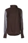 Brunello Cucinelli Sheer Long Sleeve Top With Tie Neck In Multi