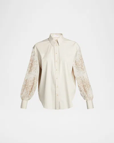 Brunello Cucinelli Embroidered-sleeves Cotton-blend Blouse In Neutral