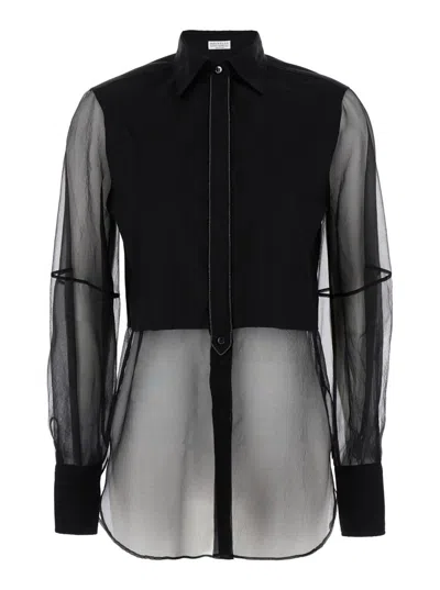 Brunello Cucinelli Black Shirt With Shiny Trims In Stretch Cotton Popeline And Crispy Silk Woman