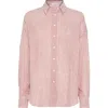 Brunello Cucinelli Stripe Button Down Linen Shirt With Piping Collar In Bordeaux