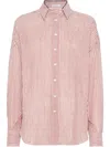 Brunello Cucinelli Stripe Button Down Linen Shirt With Piping Collar In Red