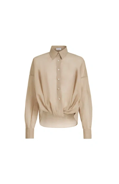 Brunello Cucinelli Beige Shirt With Classic Collar And Monil Detail On The Collar In Cotton Woman In Neutral