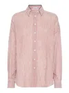 Brunello Cucinelli Stripe Button Down Linen Shirt With Piping Collar In Multi