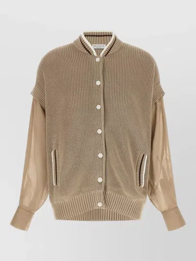 Brunello Cucinelli Organza Sleeve Knit Bomber Cardigan In Brown