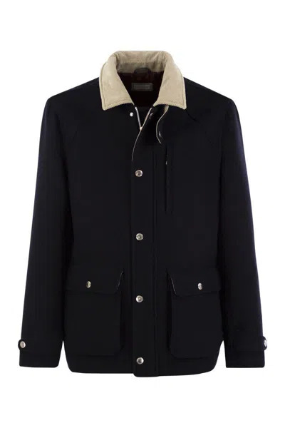 Brunello Cucinelli Outerwear In Beaver Double Wool With Corduroy Inserts In Navy