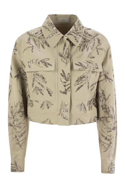 Brunello Cucinelli Outerwear In Cotton And Linen Canvas With Glistening Flora Embroidery