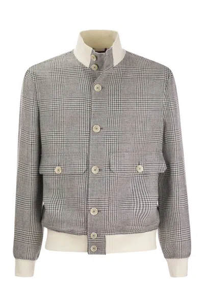 Brunello Cucinelli Linen, Wool And Silk Checked Jacket In Grigio+off White