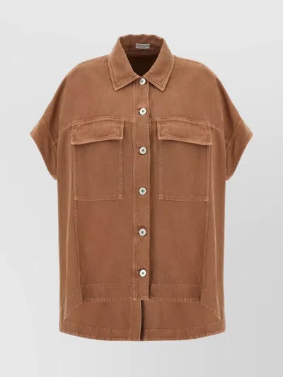 Brunello Cucinelli Oversize Shirt In Beige Denim With Pockets In Brown