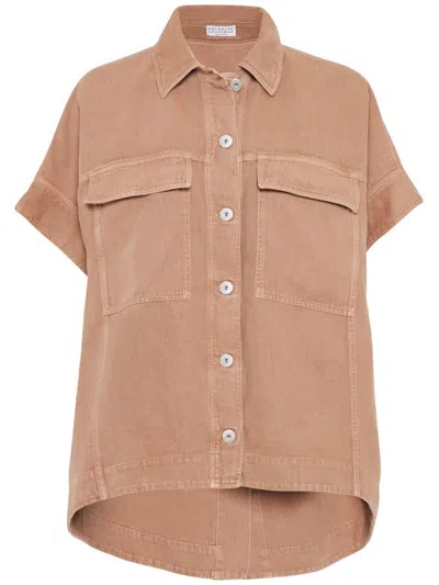 Brunello Cucinelli Oversize Shirt In Beige Denim With Pockets
