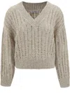 Brunello Cucinelli Oversized Cable-knit Sweater With V-neckline In Neutral