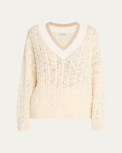Brunello Cucinelli Oversized Sequin Cable-knit Sweater In Nude