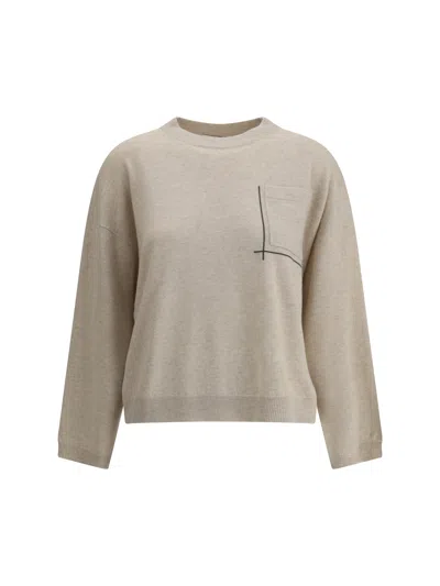 Brunello Cucinelli Wool Oversized Sweater Jewel Detailing In Neutrals