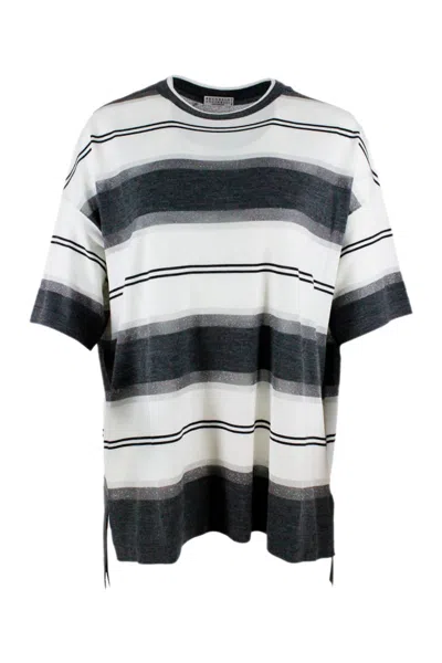 BRUNELLO CUCINELLI OVERSIZED SWEATER WITH STRIPES AND LUREX IN WOOL AND CASHMERE