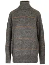 Brunello Cucinelli Grey High Neck Sweater With Stripe Motif In Alpaca Blend Woman In Grey
