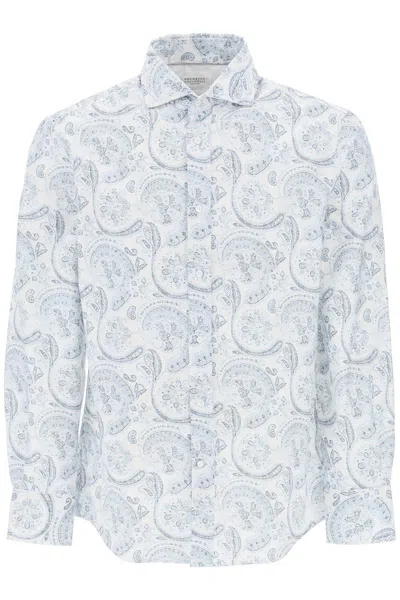 Brunello Cucinelli Oxford Shirt With Paisley Pattern In White,blue