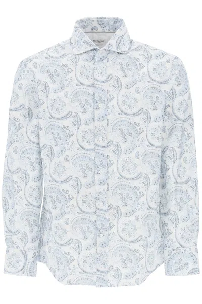 Brunello Cucinelli Oxford Shirt With Paisley Pattern In White,blue