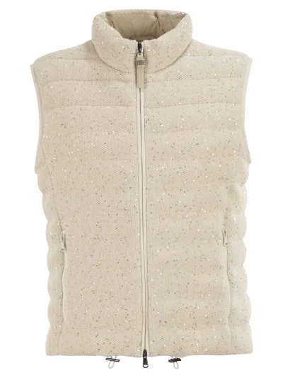 Brunello Cucinelli Padded Cotton Waistcoat With Sequins And Precious Details In Brown