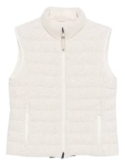 Brunello Cucinelli Padded Cotton Waistcoat With Sequins And Precious Details In White