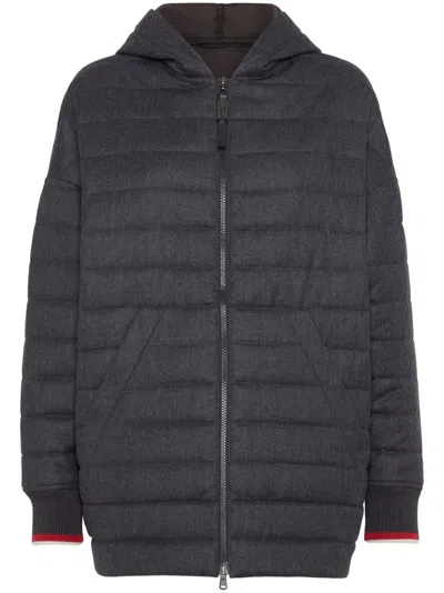 Brunello Cucinelli Bead-embellished Quilted Wool-felt Hooded Jacket In Gray