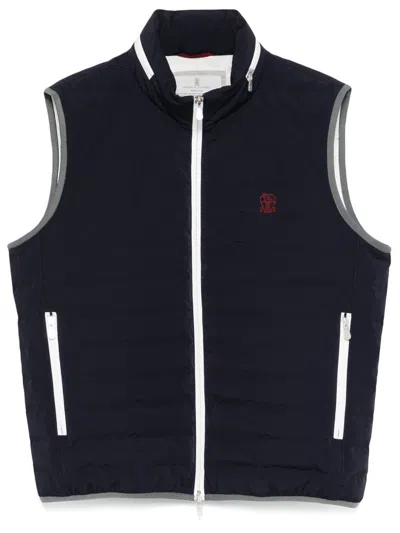 Brunello Cucinelli Gilet In Navy Blue With Front Two-way Zip Fastening