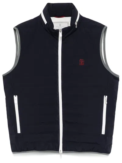 Brunello Cucinelli Sleeveless Nylon Down Jacket With Logo And Removable Hood In Navy