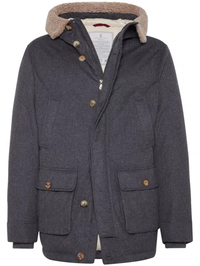 Brunello Cucinelli Hooded Long Length Warm Fabric Front Pockets In Gray