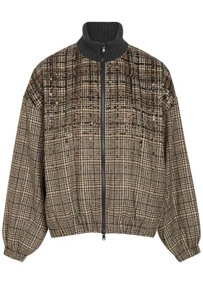 Brunello Cucinelli Padded Houndstooth Alpaca-blend Bomber Jacket In Nude
