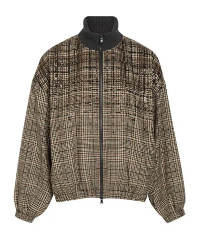 Brunello Cucinelli Padded Houndstooth Alpaca-blend Bomber Jacket In Brown