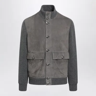 Brunello Cucinelli Padded Leather And Cashmere Jacket For Men In Gray