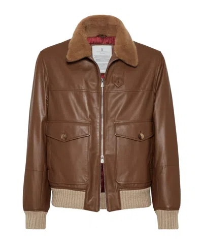 Brunello Cucinelli Padded Leather Jacket In Brown