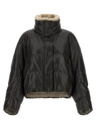 Brunello Cucinelli Padded Leather Jacket High Collar Sleeves In Black