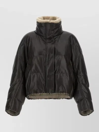 Brunello Cucinelli Padded Leather Jacket High Collar Sleeves In Black
