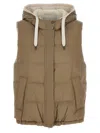 Brunello Cucinelli Goose Feather Padded Vest With Hood In Beige