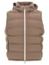 Brunello Cucinelli Men Sleeveless Wool Down Jacket With Detachable Hood In Brown