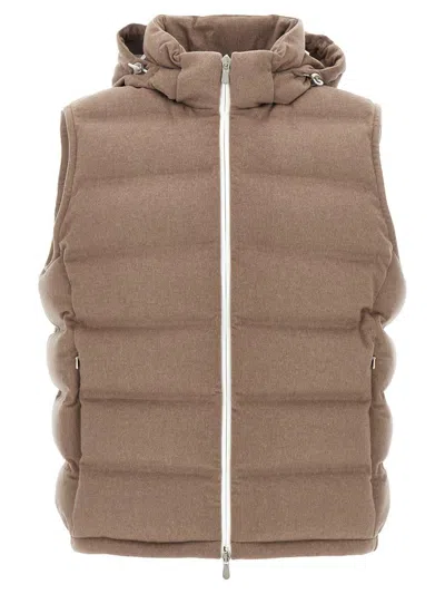 Brunello Cucinelli Men Sleeveless Wool Down Jacket With Detachable Hood In Brown