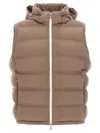Brunello Cucinelli Men Sleeveless Wool Down Jacket With Detachable Hood In Brown