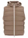 Brunello Cucinelli Men Sleeveless Wool Down Jacket With Detachable Hood In Brown