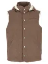 Brunello Cucinelli Sleeveless Down Jacket In Membraned Wool Flannel With Detachable Hood Clothing In Brown