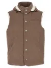 Brunello Cucinelli Sleeveless Down Jacket In Membraned Wool Flannel With Detachable Hood Clothing In Brown